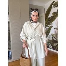 Aselim Hijap Moda Çizgili Kuşaklı Pamuklu Gömlek Takım Beyaz