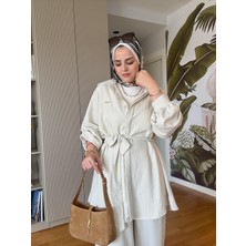 Aselim Hijap Moda Çizgili Kuşaklı Pamuklu Gömlek Takım Beyaz