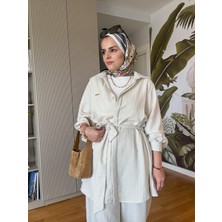 Aselim Hijap Moda Çizgili Kuşaklı Pamuklu Gömlek Takım Beyaz