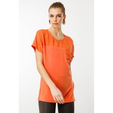 Desen Triko Kadın Sıfır Yaka Önü Cepli Penye T-Shirt Oranj