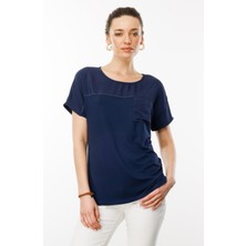 Desen Triko Kadın Sıfır Yaka Önü Cepli Penye T-Shirt Lacivert