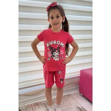Pembe Kuromi Kısa Kollu Şortlu Çizgi Karakter Baskılı Kız Çocuk 2li Takım