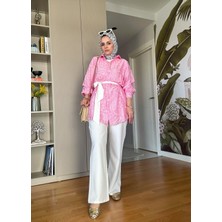 Aselim Hijap Moda Bahar Pamuklu Gömlek Desenli Krep  Pantolon Takım Pembe
