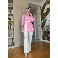 Aselim Hijap Moda Bahar Pamuklu Gömlek Desenli Krep  Pantolon Takım Pembe