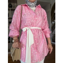 Aselim Hijap Moda Bahar Pamuklu Gömlek Desenli Krep  Pantolon Takım Pembe