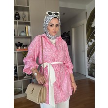 Aselim Hijap Moda Bahar Pamuklu Gömlek Desenli Krep  Pantolon Takım Pembe