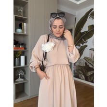 Aselim Hijap Moda Broş Detaylı Etekli Takım Bej