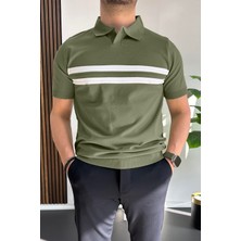 Erkek Açık Yaka Çizgli Tişört Koyu Yeşil EDW236