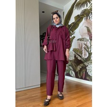 Aselim Hijap Moda Incili Taşlı Tensel Ikili Gömlek Takım Bordo