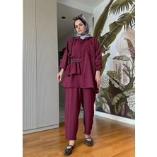 Aselim Hijap Moda Incili Taşlı Tensel Ikili Gömlek Takım Bordo