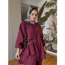 Aselim Hijap Moda Incili Taşlı Tensel Ikili Gömlek Takım Bordo