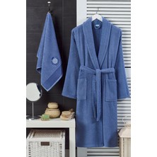 Bornoz - Nakışlı Havlu Seti Cora Indigo Mavi L/XL+45X85CM