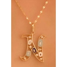 KRAFTIVA JEWELRY 14 Ayar Altın N Harfli Nazar Boncuklu Göz Ince Aynalı Zincir Kolye