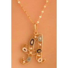 KRAFTIVA JEWELRY 14 Ayar Altın A Harfli Nazar Boncuklu Göz Ince Aynalı Zincir Kolye