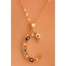 KRAFTIVA JEWELRY 14 Ayar Altın C Harfli Nazar Boncuklu Göz Ince Aynalı Zincir Kolye