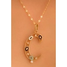 KRAFTIVA JEWELRY 14 Ayar Altın Ç Harfli Nazar Boncuklu Göz Ince Aynalı Zincir Kolye