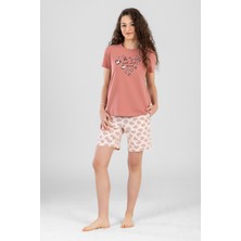 Genç Kız Çocuk Pamuklu Bisiklet Yaka Kalp Desen Baskılı Kısa Kollu Şortlu Pijama Takımı 9244 Somon