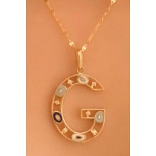 KRAFTIVA JEWELRY 14 Ayar Altın G Harfli Nazar Boncuklu Göz Ince Aynalı Zincir Kolye