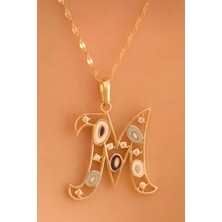 KRAFTIVA JEWELRY 14 Ayar Altın M Harfli Nazar Boncuklu Göz Ince Aynalı Zincir Kolye