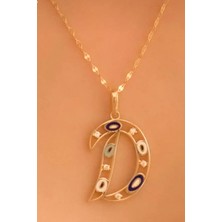 KRAFTIVA JEWELRY 14 Ayar Altın D Harfli Nazar Boncuklu Göz Ince Aynalı Zincir Kolye