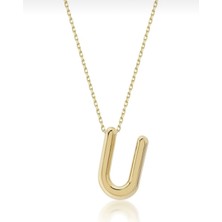 KRAFTIVA JEWELRY 14 Ayar Altın Sade Balon U Harf Zincir Kolye , Anneye Eşe Sevgiliye Hediye