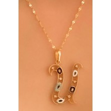 KRAFTIVA JEWELRY 14 Ayar Altın U Harfli Nazar Boncuklu Göz Ince Aynalı Zincir Kolye