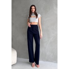 Kadın Likralı Cırt Kapamalı Lacivert Palazzo Pantolon