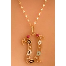 KRAFTIVA JEWELRY 14 Ayar Altın Ü Harfli Nazar Boncuklu Göz Ince Aynalı Zincir Kolye