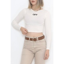 Kadın Uzun Kollu Off Nakışlı Fitilli Crop Body