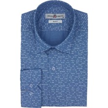 Emilio Cerutti Erkek Mavi Beyaz Desenli Slim Fit Uzun Kollu Gömlek