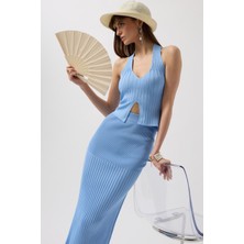 V Detay Dokulu Crop Bebe Mavi Bluz