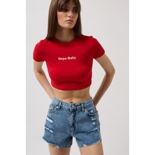 Nepo Baskılı Crop Kırmızı T-Shirt