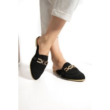 Albishoes Kadın Zincirli Terlik Önü Kapalı Hasır Dantel Örme Günlük Sandalet Terlik Yazlık Terlik