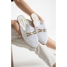 Albishoes Kadın Zincirli Terlik Önü Kapalı Hasır Dantel Örme Günlük Sandalet Terlik Yazlık Terlik