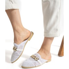 Albishoes Kadın Zincirli Terlik Önü Kapalı Hasır Dantel Örme Günlük Sandalet Terlik Yazlık Terlik