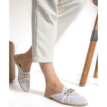 Albishoes Kadın Zincirli Terlik Önü Kapalı Hasır Dantel Örme Günlük Sandalet Terlik Yazlık Terlik
