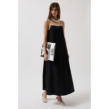 Şerit Detay Keten Maxi Siyah Elbise