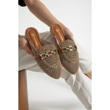 Albishoes Kadın Zincirli Terlik Önü Kapalı Hasır Dantel Örme Günlük Sandalet Terlik Yazlık Terlik