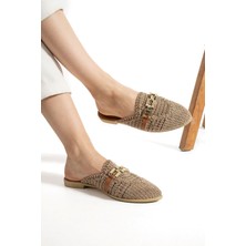 Albishoes Kadın Zincirli Terlik Önü Kapalı Hasır Dantel Örme Günlük Sandalet Terlik Yazlık Terlik