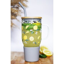 Caga Home Interest  Limon Desenli Bambu Kapaklı Çelik Pipetli Gri Bardak Cam Termos Big Mug 1000 ml