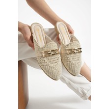 Albishoes Kadın Zincirli Terlik Önü Kapalı Hasır Dantel Örme Günlük Sandalet Terlik Yazlık Terlik