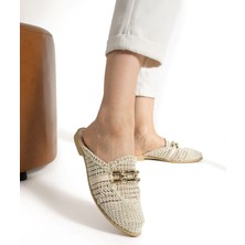 Albishoes Kadın Zincirli Terlik Önü Kapalı Hasır Dantel Örme Günlük Sandalet Terlik Yazlık Terlik