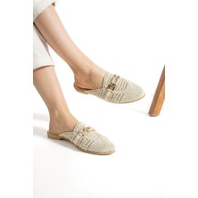 Albishoes Kadın Zincirli Terlik Önü Kapalı Hasır Dantel Örme Günlük Sandalet Terlik Yazlık Terlik