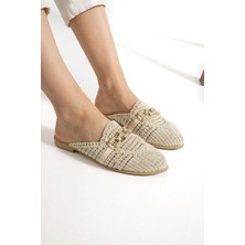 Albishoes Kadın Zincirli Terlik Önü Kapalı Hasır Dantel Örme Günlük Sandalet Terlik Yazlık Terlik