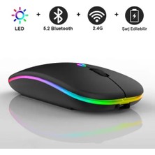 Polham Şarjlı Rgb Işıklı Çift Modlu Kablosuz Mouse, Laptop, Tablet, Telefon, Tv Uyumlu Mouse Süper Sessiz