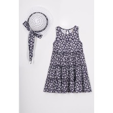 Bisiklet Yaka Çiçek Desenli Şapka Aksesuarlı Lacivert Renk Kız Çocuk Elbise