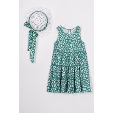 Bisiklet Yaka Çiçek Desenli Şapka Aksesuarlı Yeşil Renk Kız Çocuk Elbise