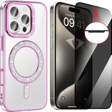 Vendas Apple iPhone 15 Pro Kılıf Pırlanta Taş Tasarımlı Magsafe Şarj Özellikli Zore Karetta Silikon Kapak + Hayalet Ekran Koruyucu