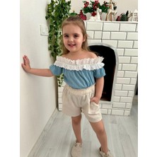 Cg Kids Petrol Mavi Keten Pamuk Dantel Detaylı Kız Çocuk Şortlu Alt Üst Takım