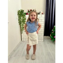 Cg Kids Mavi Dikey Çizgili Pamuk ve Keten Kız Çocuk Etek Görünüm Şortlu Alt Üst Takım